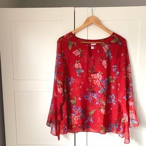 CAbi Red Floral Blouse, Medium